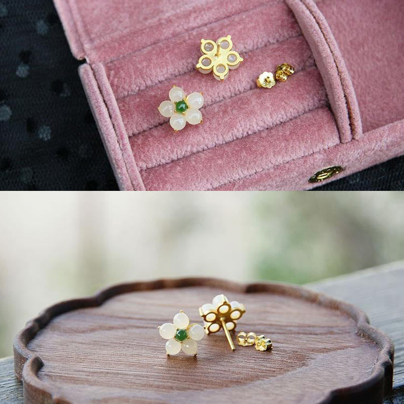 White Jade Flower Luck Blessing Stud Earrings