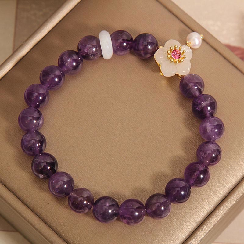 Natural Amethyst, White Agate & Pearl Charm Balance Bracelet (14-17cm)