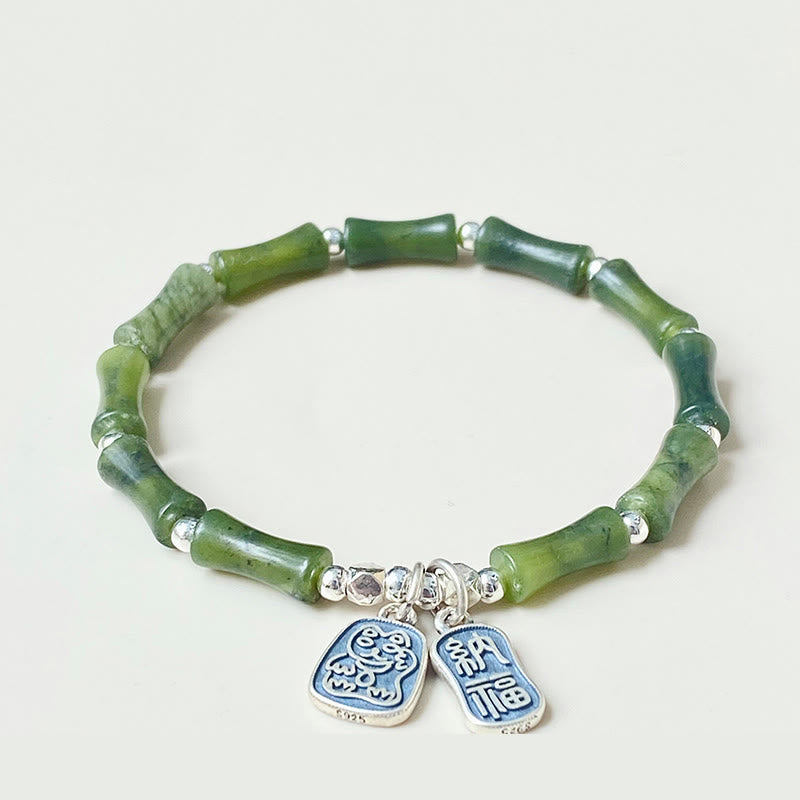 925 Sterling Silver Bamboo Jade Lucky Cat Fu Character Luck Abundance Bracelet