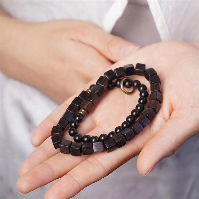 Tibet Ebony Wood Square Beads Peace Double Wrap Bracelet
