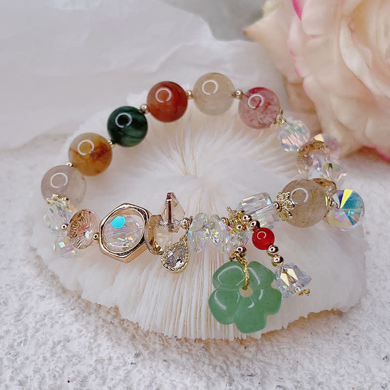 Colorful Green Aventurine and Rutilated Quartz Flower Bead Bracelet