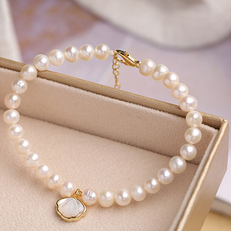 14K Gold Plated Natural Pearl & Seashell Charm Bead Bracelet with Amethyst or Red Agate
