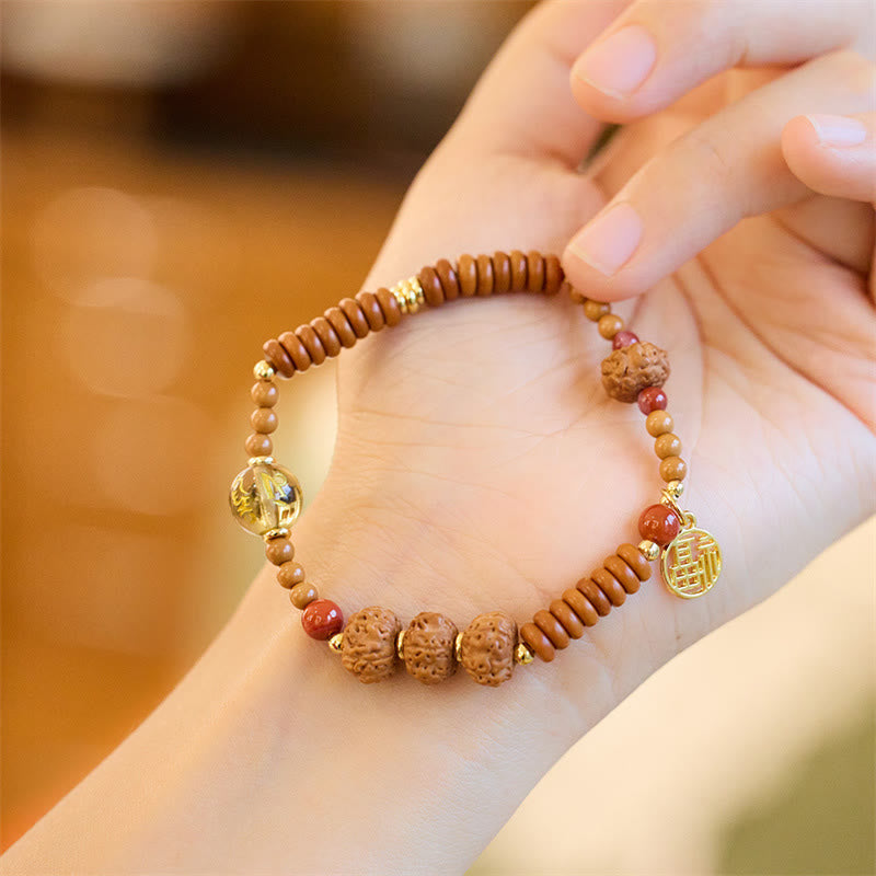 Tibetan Bodhi Seed Om Mani Fu Gold Copper Gemstone Bracelet with Red Agate & Olive Wood