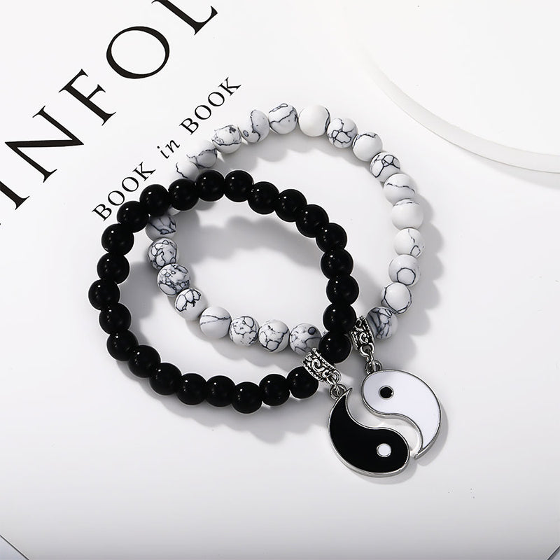 2Pcs Black Onyx White Turquoise Bead Yin Yang Protection Couple Bracelet