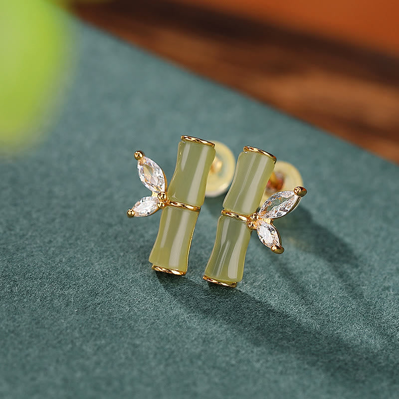 Gold Plated 925 Sterling Silver Bamboo Pattern Jade and Agate Stud Earrings
