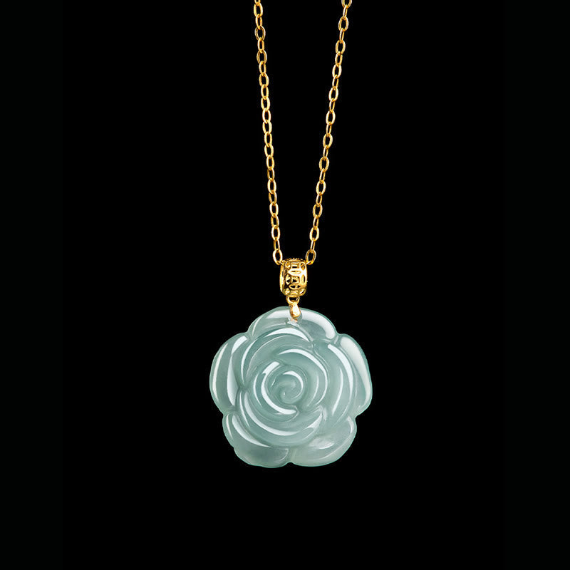 18K Gold Buckle 925 Sterling Silver Chain Natural Jade Rose Luck Necklace Pendant