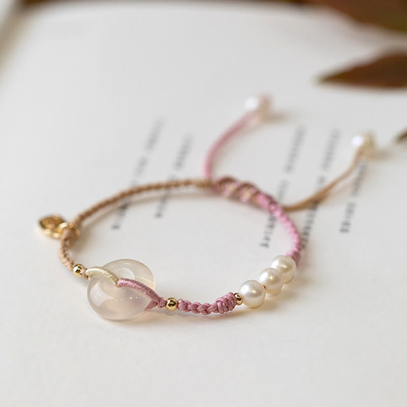 Minimalist Chalcedony Round Ping An Kou Peace Buckle Braided String Bracelet