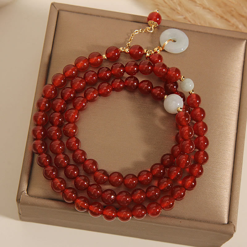 Natural Red Agate and Jade Ping An Kou Triple Wrap Bracelet