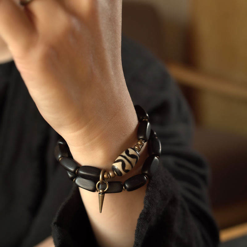 Tibet Ebony Wood Dzi Bead Copper Balance Double Wrap Bracelet