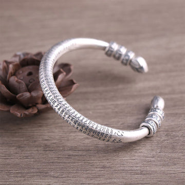 999 Sterling Silver Heart Sutra Om Mani Padme Hum Engraved Peace Purity Bracelet Bangle