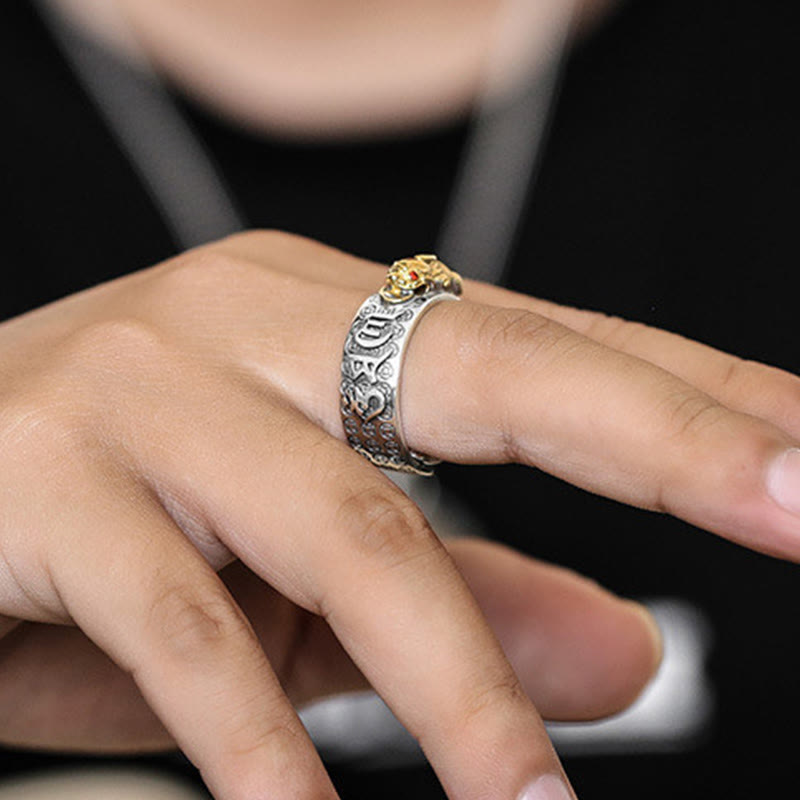 990 Sterling Silver Tibetan Heart Sutra & Om Mani Padme Hum Engraved Mantra Ring