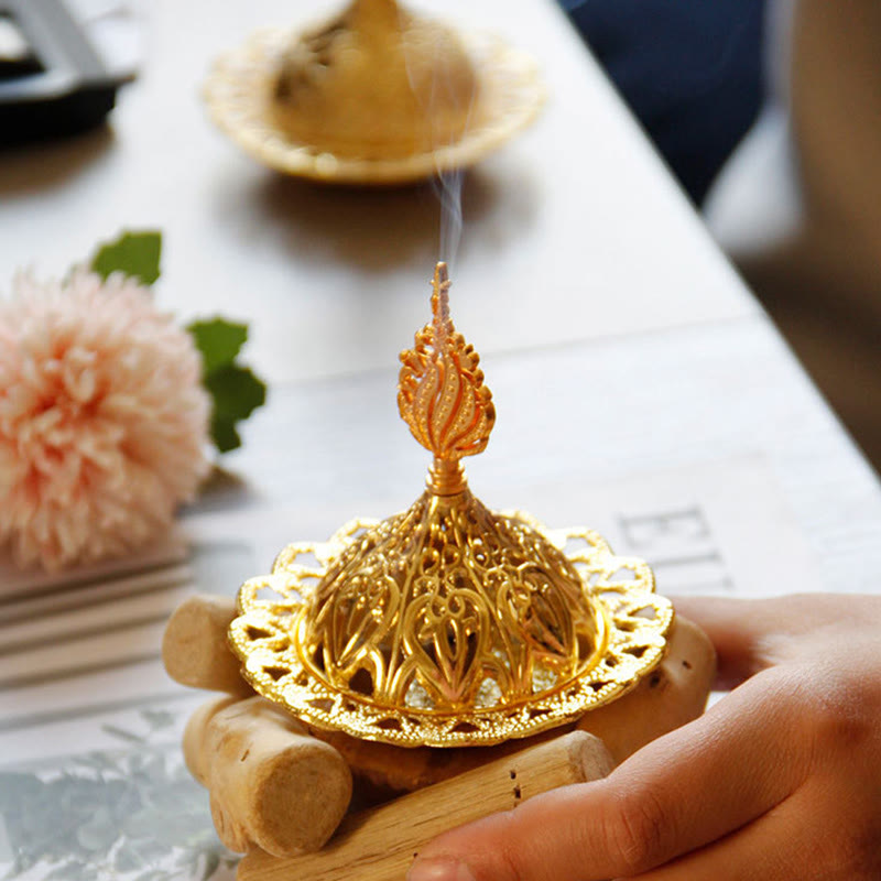 Mini Gold Alloy Buddha Incense Burner with Protective Wooden Coaster