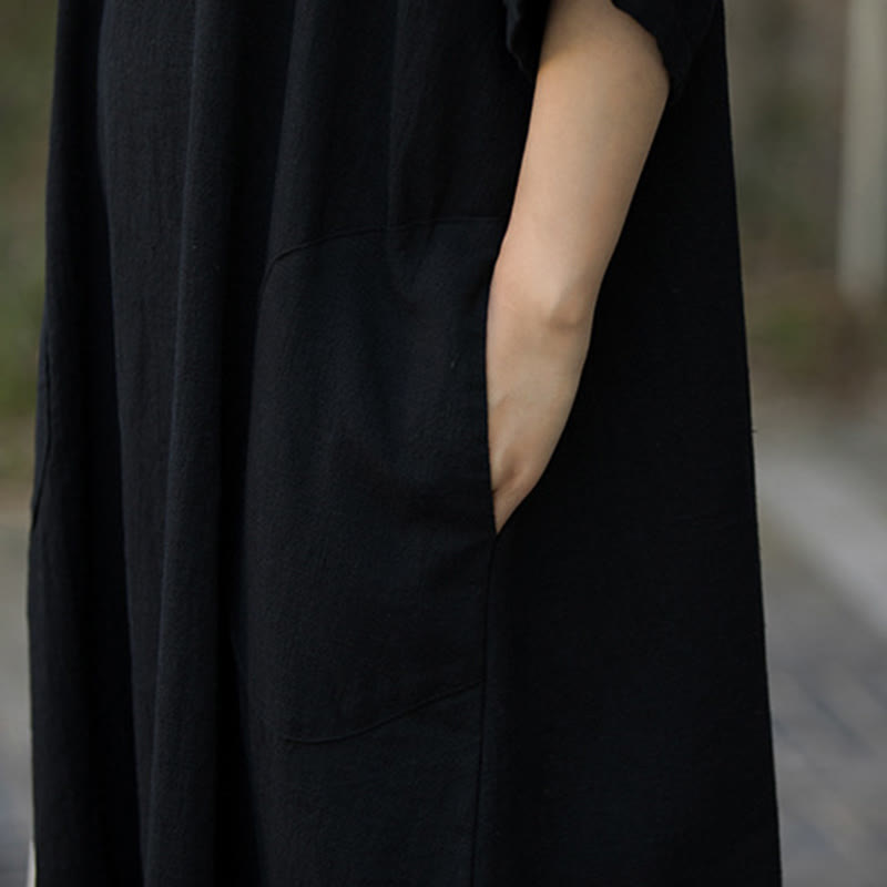 Solid Color V-Neck Half Sleeve Ramie Linen Midi Dress With Pockets