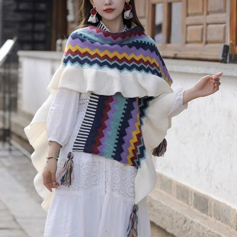 Tibetan Shawl Colorful Striped Wavy Line Tassels Winter Cozy Travel Scarf Wrap