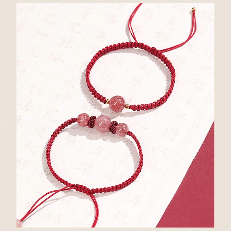 Natural Strawberry Quartz Woven Red String Adjustable Bracelet & Anklet