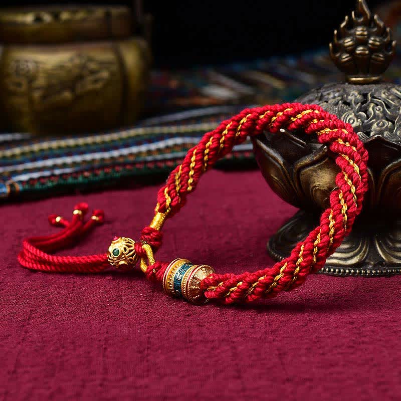 Handmade Tibetan Prayer Wheel & Endless Knot Braided Red String Bracelet