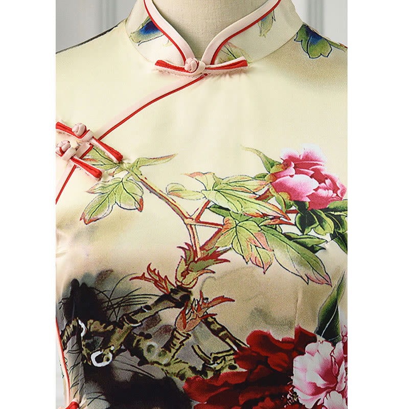 Tactile Knit Peony Print Mindful Ritual Cheongsam Dress