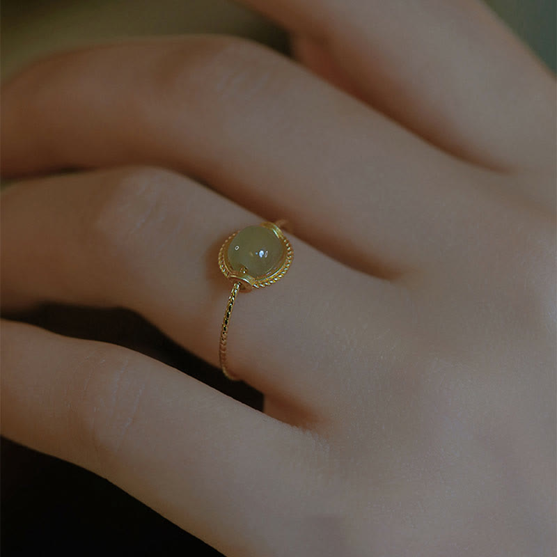 Minimalist 14K Gold Plated Copper Round Jade Adjustable Ring