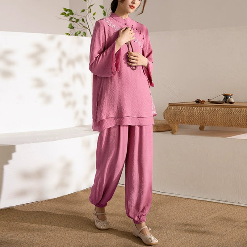 Cotton-Linen Frog-Button Meditation and Tai Chi Two-Piece Set