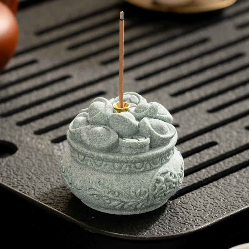 Goldstone Sycee Ingot Incense Burner with Fu Symbol Desk Meditation Tool