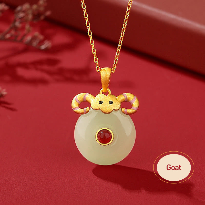 925 Sterling Silver Hetian Jade Chinese Zodiac Year of the Dragon Red Agate Luck Protection Necklace Pendant