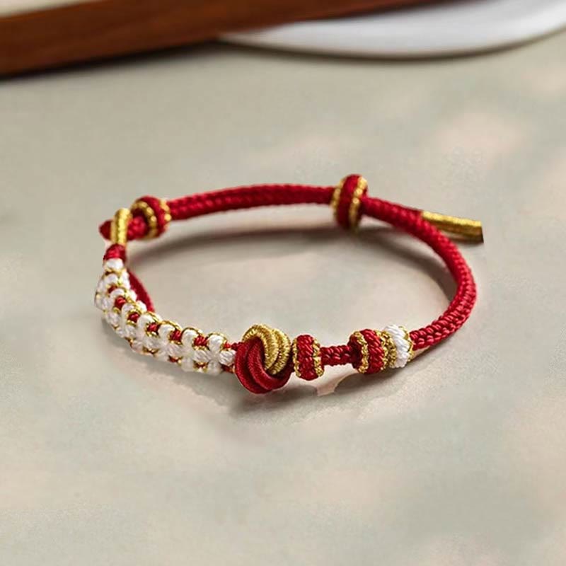 Hand-Braided Red String Bracelet with Copper Endless Knot & Peach Blossom Charm