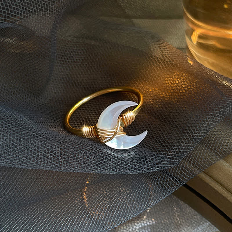 Natural Tridacna Stone Moon 14K Gold Blessing Ring