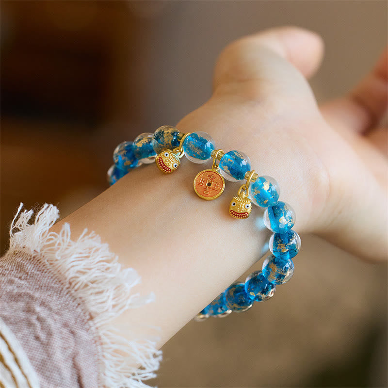 Gold Pixiu and Chinese Coin Liuli Glass Bead Energy Bracelet