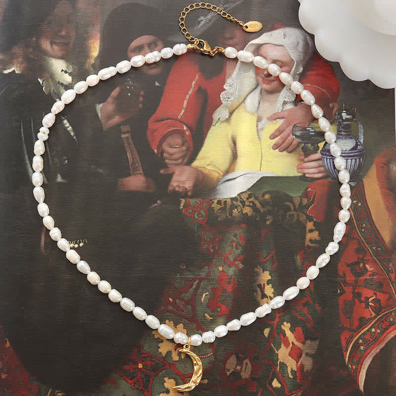 Pearl Crescent Moon Calm Necklace Pendant (Extra 35% Off | USE CODE: FS35)