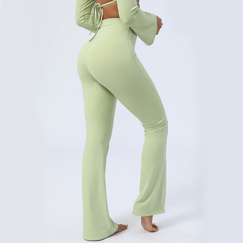 Long Sleeve Backless Strap Top Bra Flare Pants Fitness Yoga Outfit