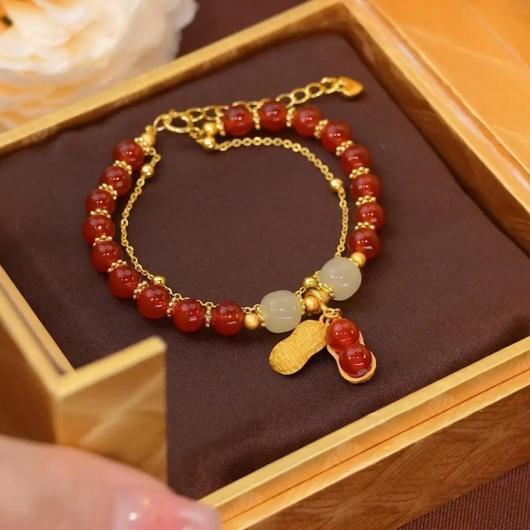 Jade Leaf Ginkgo Tulip Peanut Fu Character Luck Beaded Bracelet