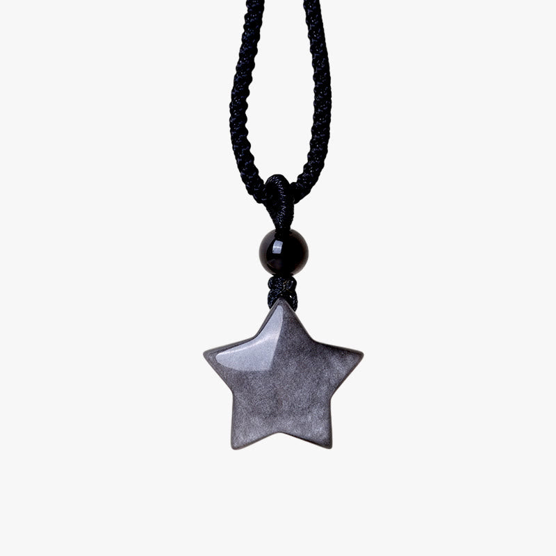 Natural Silver Sheen Obsidian Star Crescent Moon Protection Necklace Pendant