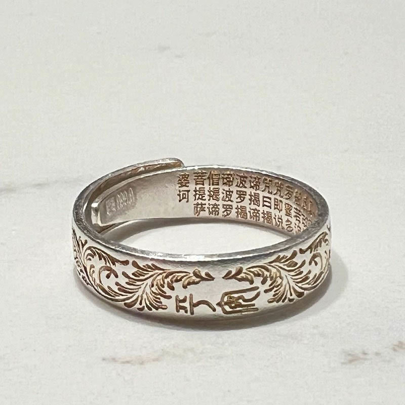 999 Sterling Silver Gold-Painted Joyful Flower Pattern Peaceful Heart Sutra Ring