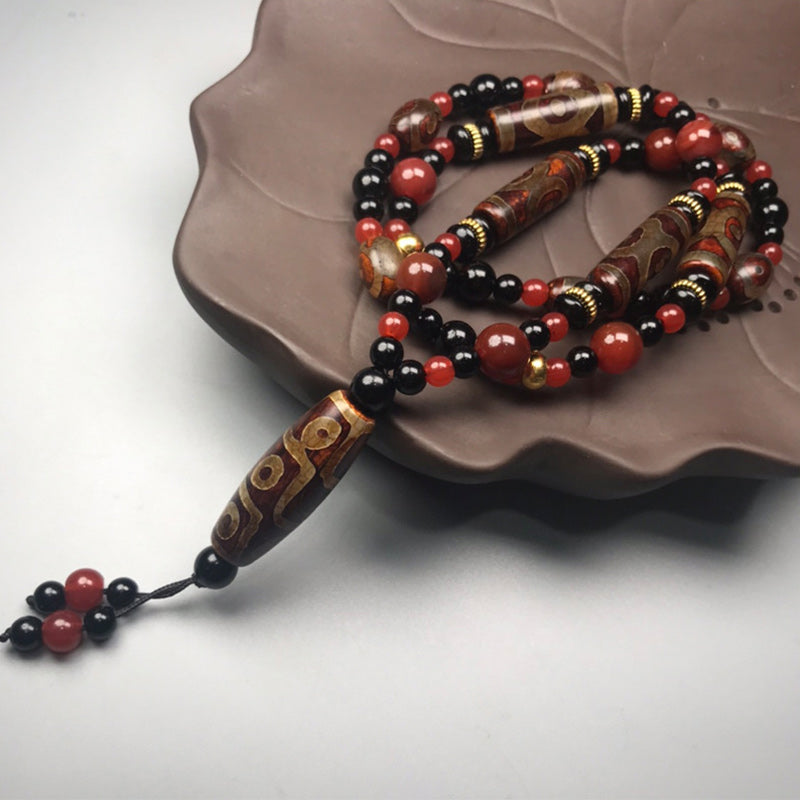 Handmade Nine-Eye Dzi Bead and Red Agate 9x12mm Unisex Necklace