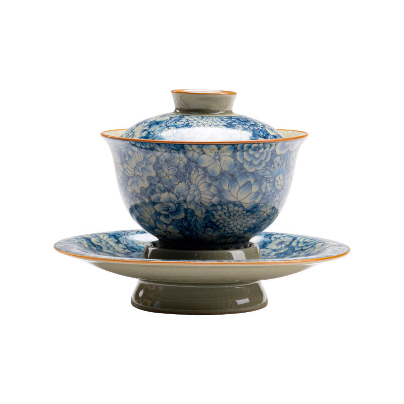 Vintage Blue And White Porcelain Peach Blossom Lotus Peony Ceramic Gaiwan Sancai Teacup Kung Fu Tea Cup And Saucer With Lid