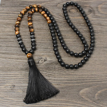 8mm Black Onyx and Tiger Eye Tassel Mala Necklace & Wrap Bracelet