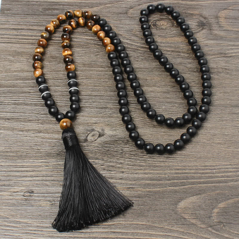 8mm Black Onyx and Tiger Eye Tassel Mala Necklace & Wrap Bracelet