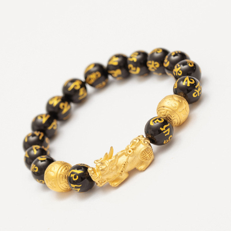 Om Mani Padme Hum Inscribed Black Obsidian & Agate Pixiu Beaded Bracelet