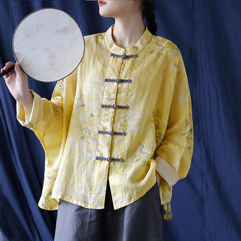 Yellow Phoenix Print Frog-button Design Long Sleeve Ramie Linen Jacket Shirt