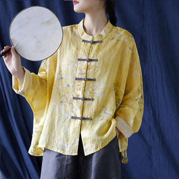 Yellow Phoenix Print Frog-button Design Long Sleeve Ramie Linen Jacket Shirt