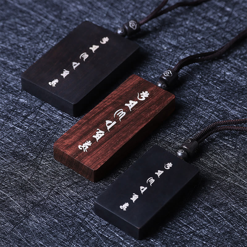 999 Sterling Silver Small Leaf Red Sandalwood Ebony Wood Om Mani Padme Hum Inlaid Protection Necklace Pendant