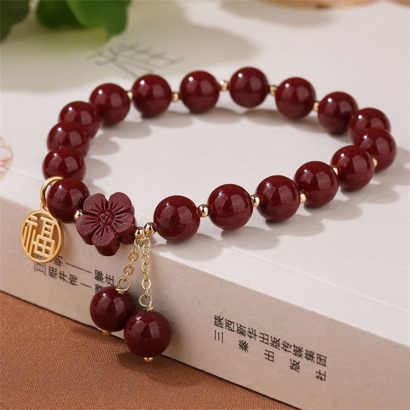 Cinnabar Fu Character Cherry Blossom Blessing Bracelet