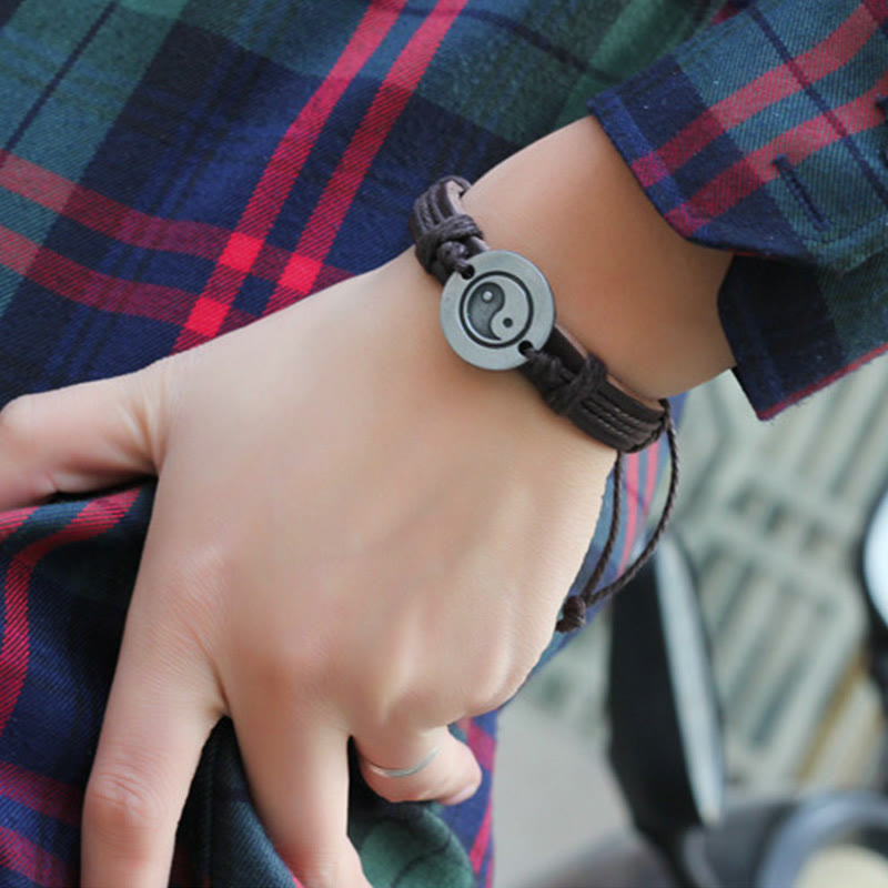Retro Yin Yang Leather & Wax Rope Harmony Bracelet