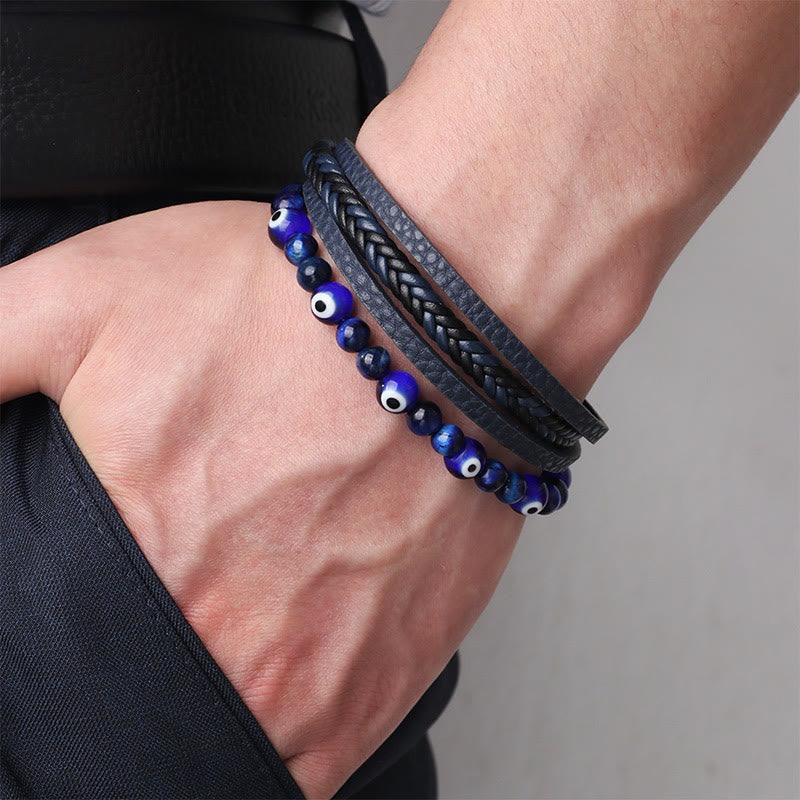 Evil Eye Tiger Eye Protection Beaded Multilayered Braided Bracelet