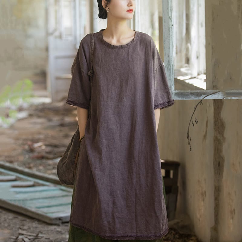 Mid Length Dress Ramie Linen Half Sleeve Split Hem Top T-Shirt