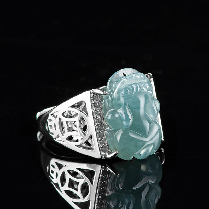 925 Sterling Silver Fengshui Wealth Prosperity Jade PiXiu Luck Ring