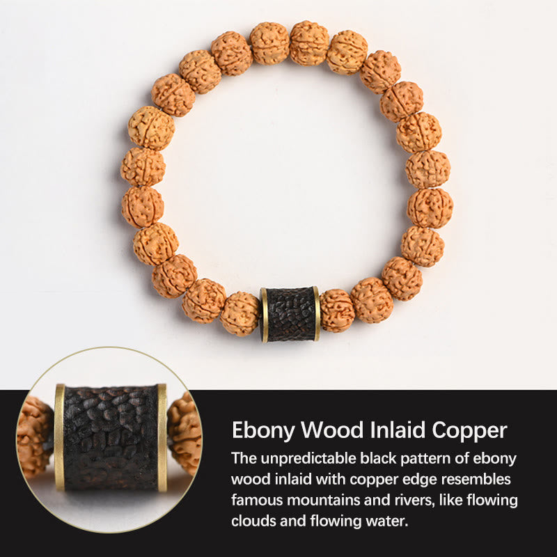 Tibetan Rudraksha & Bodhi Seed Bracelet with Hetian Jade and Gold Sheen Obsidian