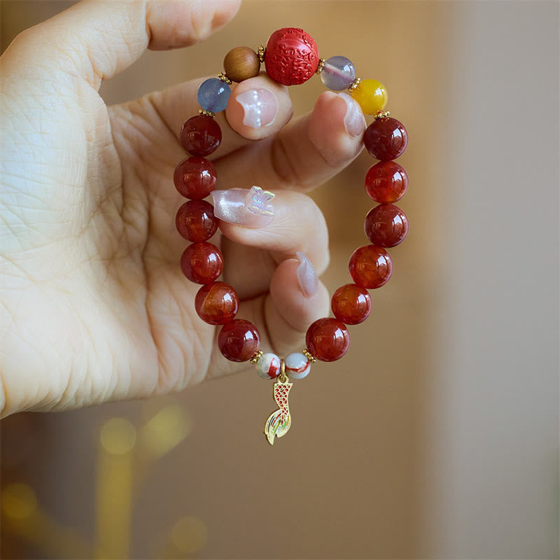 Natural Red Agate & Shoushan Stone Dragon Fu Charm Peace Talisman Bracelet
