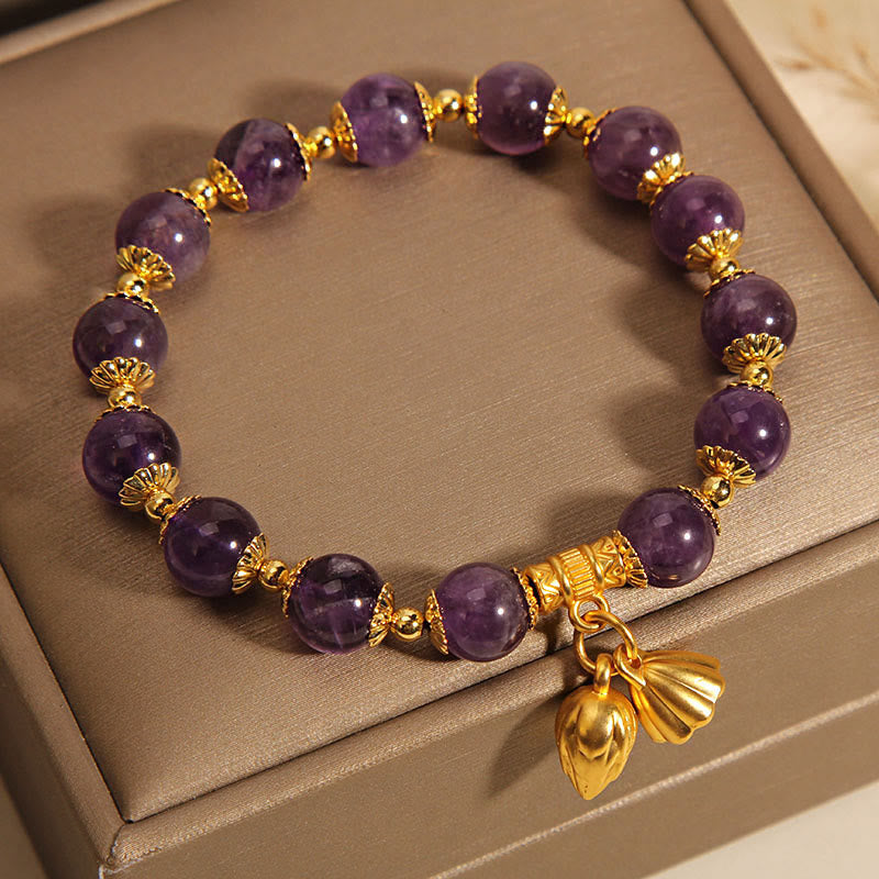 Natural Amethyst Gemstone Lotus Charm Mindfulness Bracelet