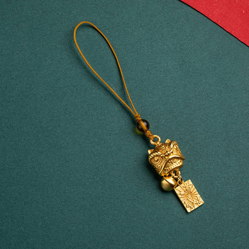 Dancing Guardian Lion Brass Copper Phone Charm with Ping An Kou & Ruyi Symbols